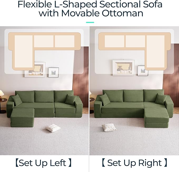 LINSY HOME Convertible Sofa Bed with 2 Pillows & Ottoman, Boneless Couch Folding Modular Sectional Sleeper Sofa, L Shaped Sofas Corduroy Couch Bed Compression Sofa for Living Room Apartment, Green