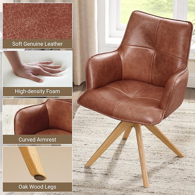 Art Leon Home Office Desk Chair - Genuine Leather Upholstered Accent Armchair, Mid Century Swivel Chair with Black Oak Wood Legs for Small Space Living Room Bedroom, Red Brown