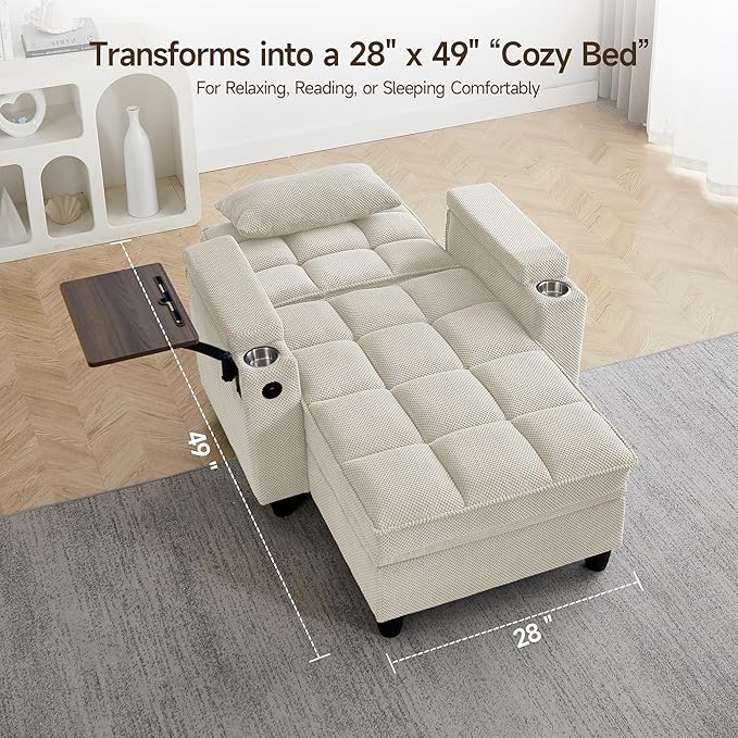 41.7" Chaise Lounge Chair Indoor, Oversized Boucle Upholstered Sofa Bed, Adjustable Backrest Deep Seat Reading Chair, Sofas Couches for Living Room with Storage, Cup Holders & 360° Swivel Side Table