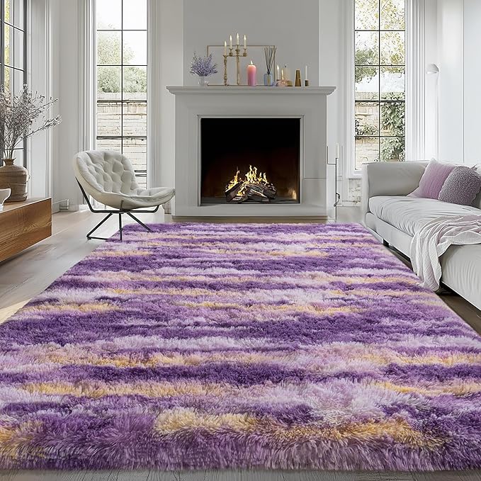 Fluffy Rugs for Living Room Bedroom, 4x6 Feet Abstract Purple Shag Area Rug, Non-Slip Indoor Modern Fuzzy Plush Floor Carpet for Dorm Nursery Kids Room Decor, Soft Shaggy Throw Rug