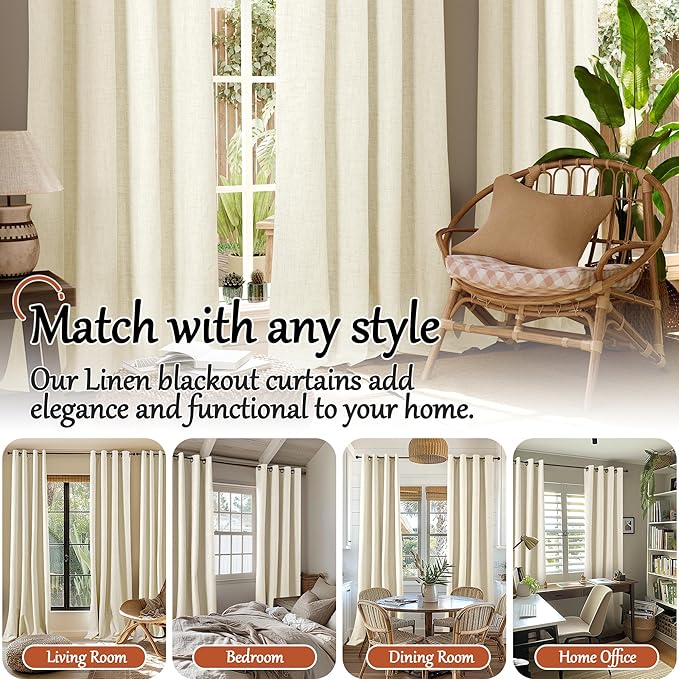 Cream 100% Blackout Curtains for Living Room 72 Inch Length 2 Panels Set, Thermal Insulated Light Blocking Faux Linen Curtains for Bedroom, Bronze Grommet Boho Window Drape Each 52" Wide