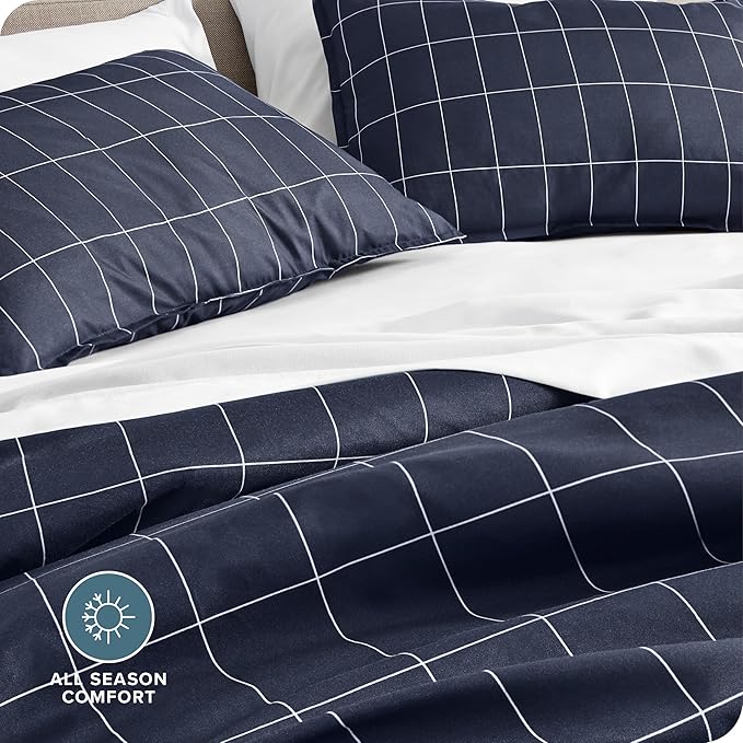 Bare Home Bedding Duvet Cover Extra Long Size - Premium 1800 Super Soft Collection - Lightweight - Soft Textured Bedding (Twin/Twin XL, Grid - Midnight Blue/White)