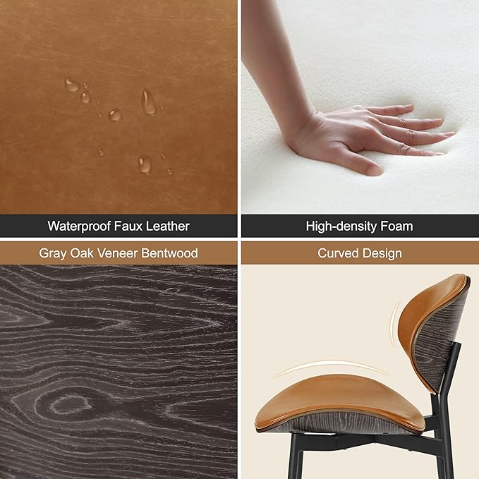 Art Leon Dining Chairs Set of 4, Grey Oak Bentwood, Mid Century Modern Chair, Orange Faux Leather Kitchen Dining Room Chairs with Black Metal Legs, Accent Chairs for Bedroom