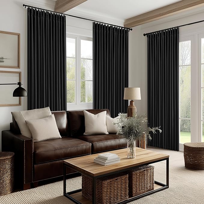 100 Inch Floor Length Linen Blackout Curtains for Bedroom Pinch Pleated Full Black Out Thermal Insulated Window Drapes Light Blocking Double Layer Soundproof 100 Inch Black Curtain 2 Panels Set