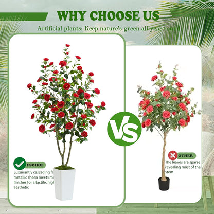 Artificial Camellia Tree 6FT Faux Trees Indoor Fake Floral Plant Blooming Tree with Red Flowers & White Tall Planter, Faux Camellia Plants for Porch Home Room Bedroom Office Front Door Outdoor Decor