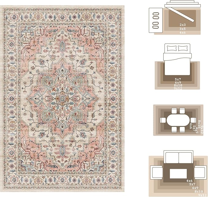 6x9 Area Rugs for Living Room Ultra-Soft Washable Rug Vintage Distressed Boho Area Rug, Non-Slip Retro Print Low Pile Stain Resistant Carpet for Bedroom Dining Room Kitchen Office