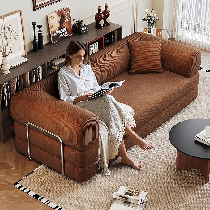 79" Convertible Sofa Bed with Fixed-Shape Frame, Corduroy Folding Pull Out Couch, No Assembly Modern Boneless Couch Compression Sofa in Box, Floor Sofa for Living Room,Brown