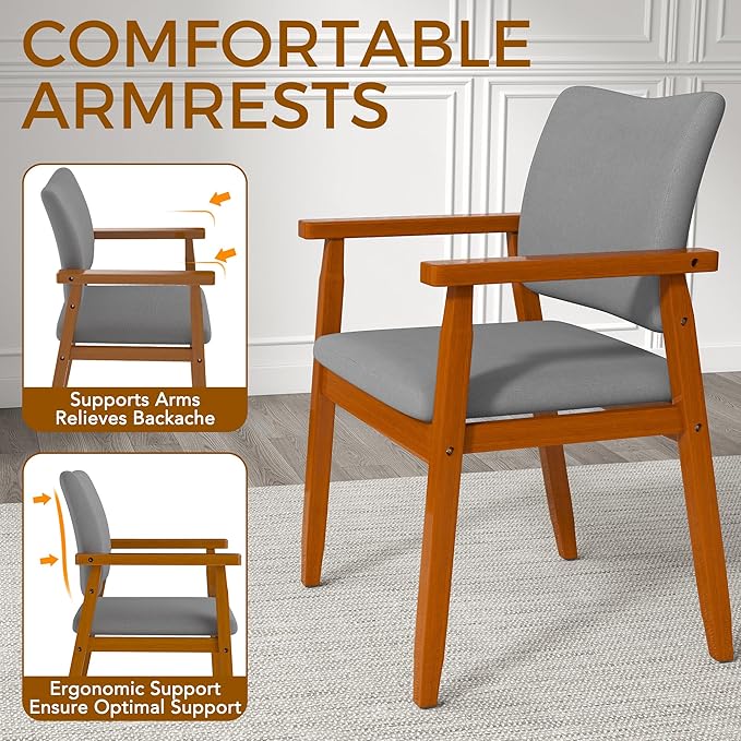 thksbought Set of 2 Mid Century Modern Walnut Dining Chairs Wood Arm Grey Fabric Kitchen Cafe Living Room Decor Furniture