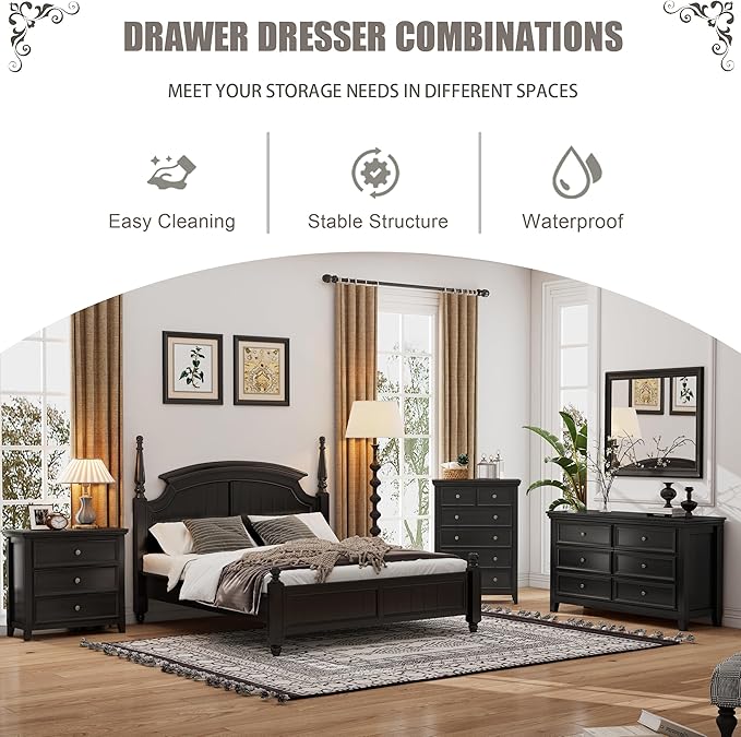 Black Dresser for Bedroom 6 Drawers Dresser - 47.2" Wide 6 Chest of Drawers Storage Double Cabinet as Bedfoot Organizer & Wardrobe Cabinet