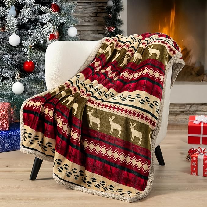 PAVILIA Premium Christmas Blanket Sherpa Fleece Throw Twin| Plush Christmas Decoration, Reindeer, Cozy Reversible Winter Holiday Cabin Blanket for Sofa Couch 60x80