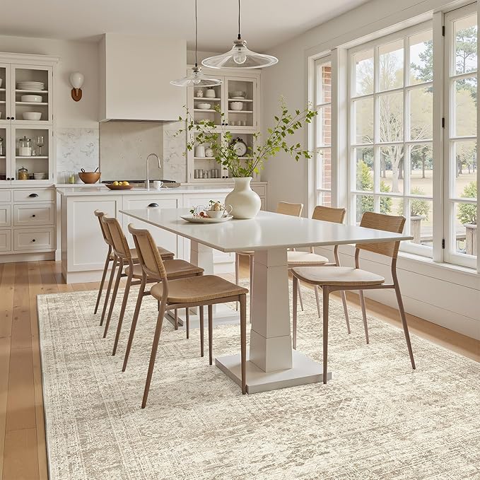 7x9 Area Rug for Living Room Washable Abstract Vintage Soft Thin Indoor Floor Non-Slip Carpet for Bedroom Dining Room Beige