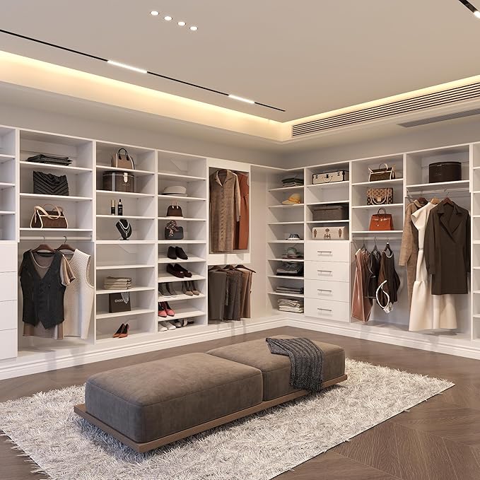 Shoe Shelf Short Tower Closet Unit, Modular Closet System, Wood Closet System Organizer with Storage for Walk In Closets, Clothing Rack for Hanging Clothes, Bedroom, White, 25.5"W