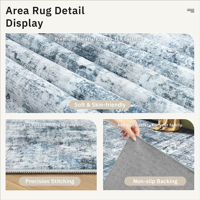 Area Rug 6x9 Abstract Rugs for Living Room 6 x 9 Washable Rugs Blue Non Slip Low Pile Rugs for Bedroom Dining Room Foldable Thin