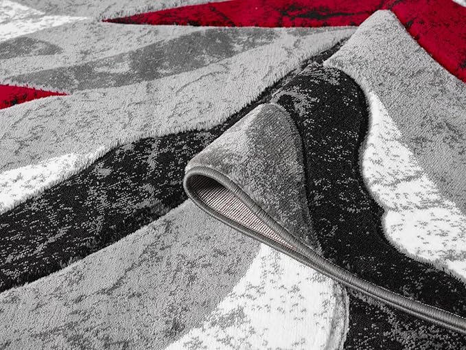 Modern Abstract Area Rug Hand Carved Contemporary Geometric Swirls Vibrant Colors Carpet for Living Room Bedroom Design PR1002 (Red, 5' x 7')