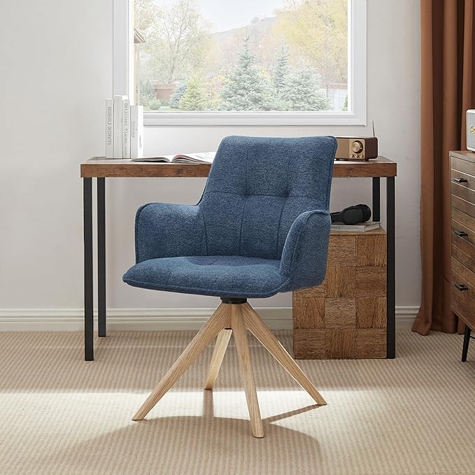 Art Leon Office Chairs Set of 2 - Mid Century Modern Desk Chair No Wheels, Fabric Upholstered Swivel Accent Chair with Oak Wood Legs, Blue