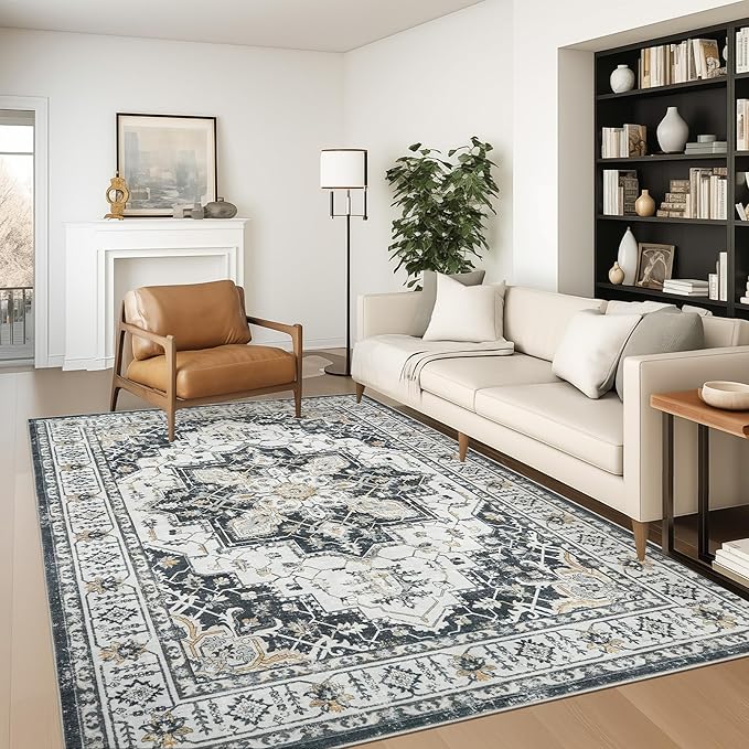 zesthome 5x7 Area Rugs, Machine Washable Rugs for Living Room, Bedroom,Stain Resistant Vintage Large Area Rug,Non-Slip Medallion Pattern Home Decor Rugs (Black,5'x7')
