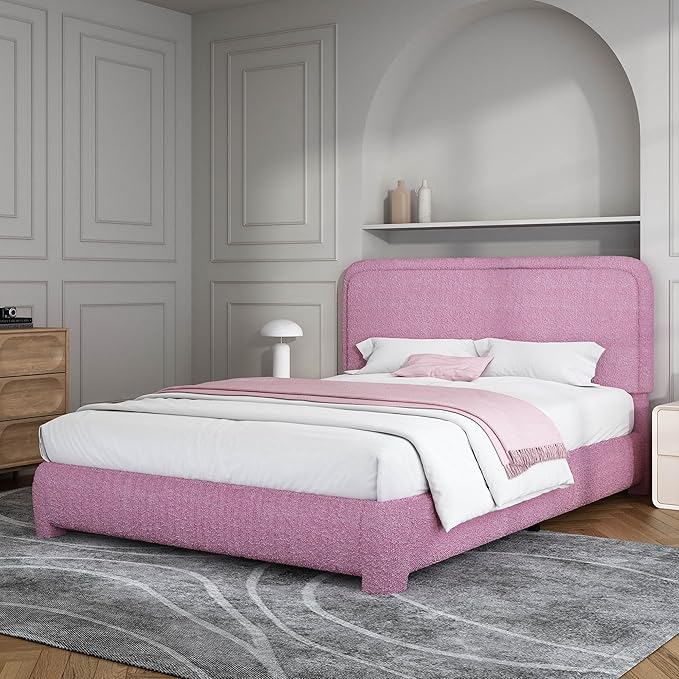 BarnFurin Queen Bed Frame with Headboard, Boucle Upholstered Platform Bed with Wood Slats, Soft Rounded Corners, No Box Spring Required, Easy Assembly, Rose Pink