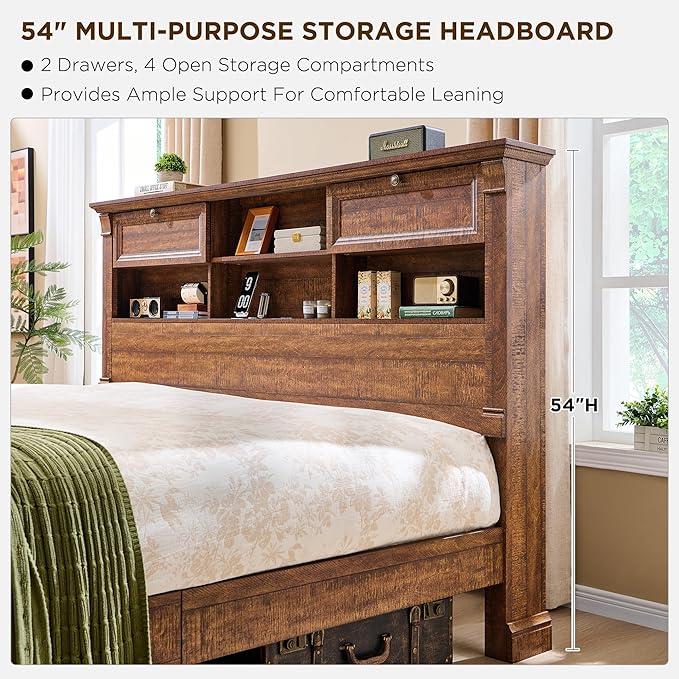 Farmhouse Queen Size Bed Frame with 54" Tall Storage Bookcase Headboard, Wood Platform Bed Frame with 18" Tall Roman Column Decoration Footboard & 2 Drawers, No Box Spring Needed(Reclaimed Barnwood)