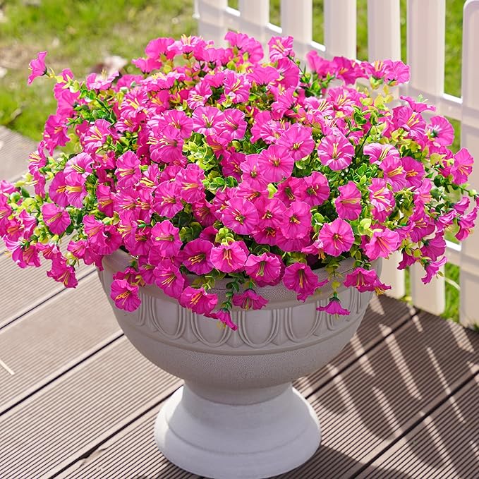 Artificial Flowers Fake Plants for Outdoors Decoration, 12 Bundles Silk Morning Glory with Eucalyptus Realistic UV Resistant Fuchsia Faux Flowers for Outside Planter Yard Patio Garden Home Indoor Urn