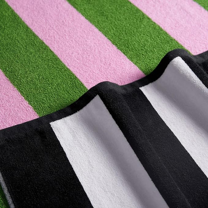 Juicy Couture Black/White Green/Pink Reversible Cabana 36" x 72" 100% Cotton Oversized Beach Towel - Soft, Absorbent, and Quick-Drying, Perfect for Beach, Pool, or Travel