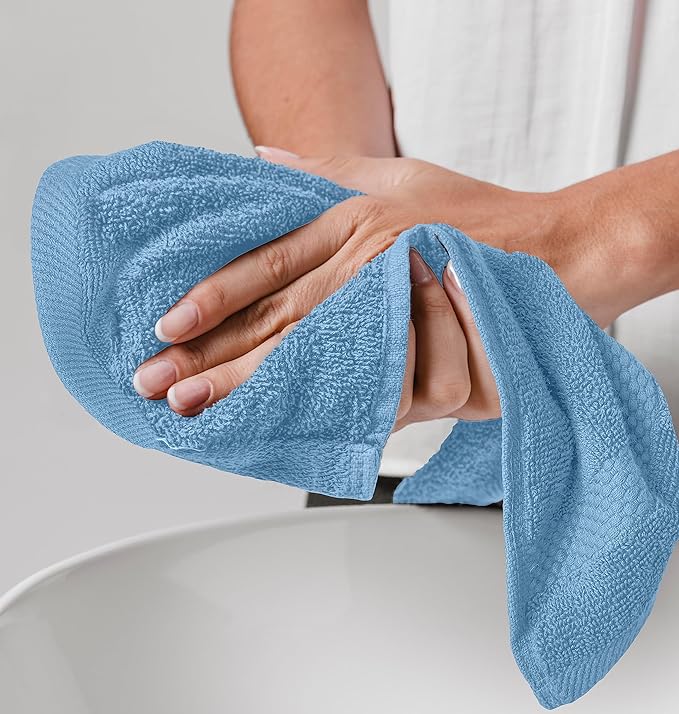 White Classic Luxury Cotton Washcloths 13x13 Inch - 650 GSM Turkish Cotton | Hotel, Spa, Bathroom Face Towel | 12 Pack, Light Blue