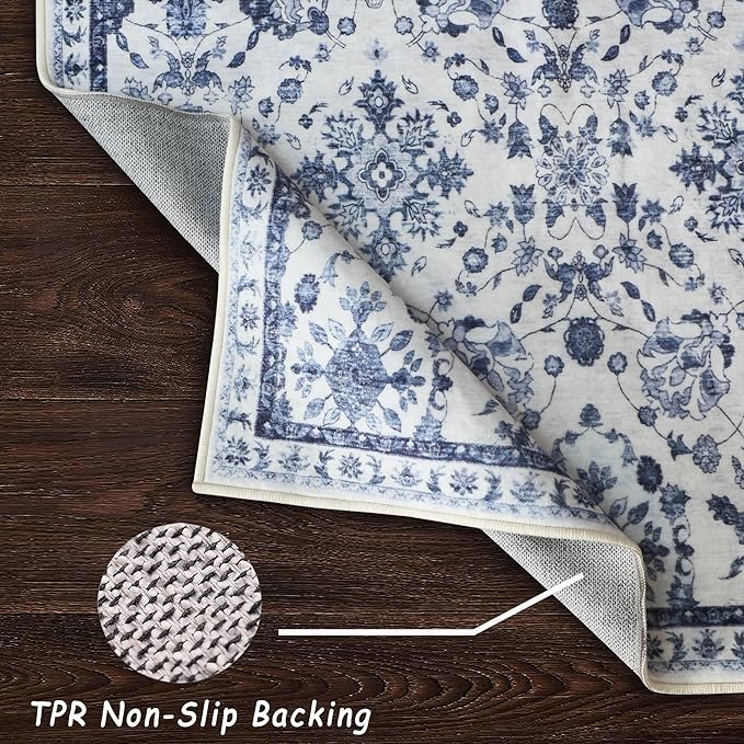 vivorug 8x10 Area Rugs, Stain Resistant Washable Rug for Living Room, Floral Rug Vintage Inspired (Ivory/Blue, 8'x10')