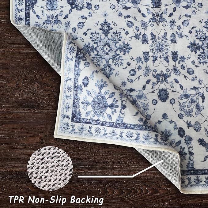 vivorug Runner Rug 2'x8' Vintage Washable Non-Slip Runners for Hallways Kitchen Entryway Laundry Room Carpet Hallway Runner Ivory/Blue