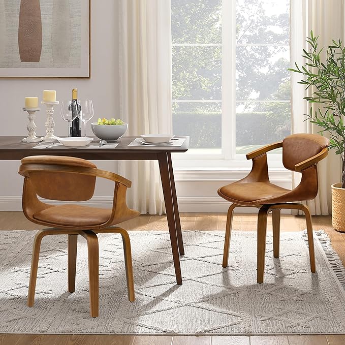 Art Leon Swivel Dining Chairs Set of 2 - Mid Century Modern Kitchen Dining Room Chairs, Faux Leather Chair No Wheels, Retro Brown