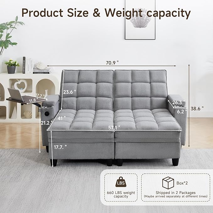 70.9" Chaise Lounge Chair Indoor, Oversized Boucle Upholstered Sofa Bed, Adjustable Backrest Deep Seat Reading Chair, Sofas Couches for Living Room with Storage, Cup Holders & 360° Swivel Side Table