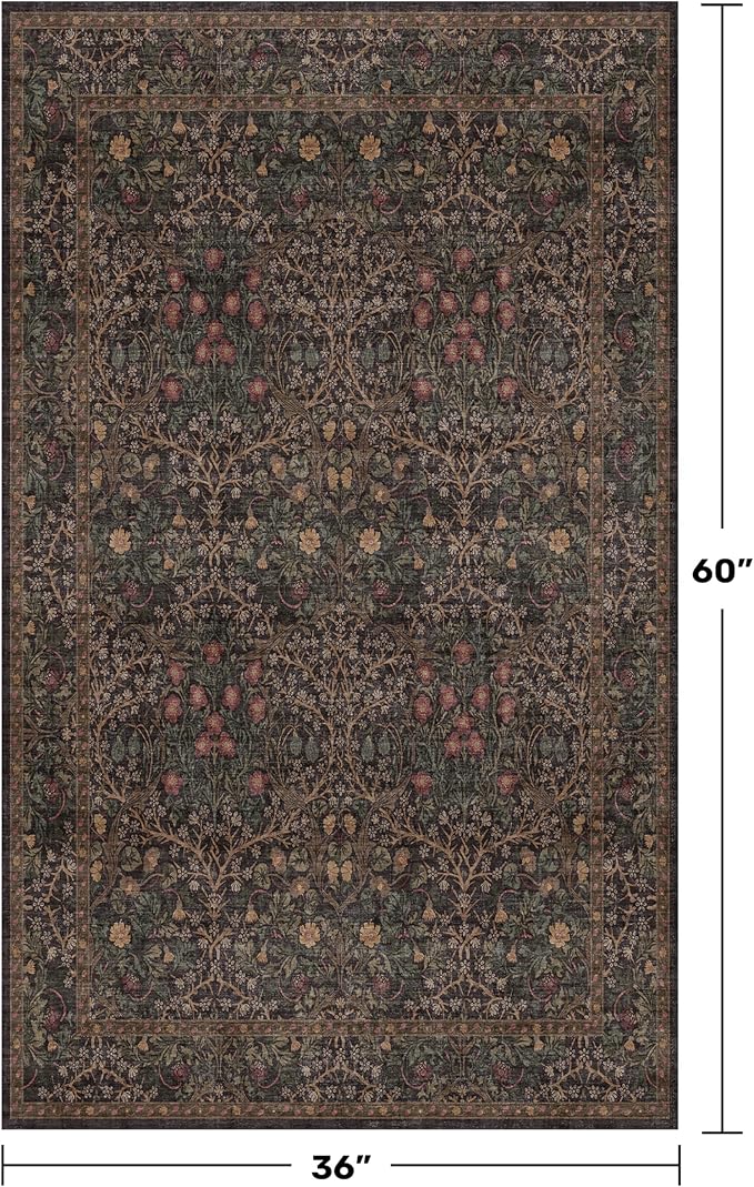 Boho Taupe Brown 3x5 Large Entryway Rug - Modern Vintage Golden Floral Oriental Neutral, Washable Low Pile Non-Slip Area Rugs for Door Mat Indoor Entrance, Kitchen, Laundry