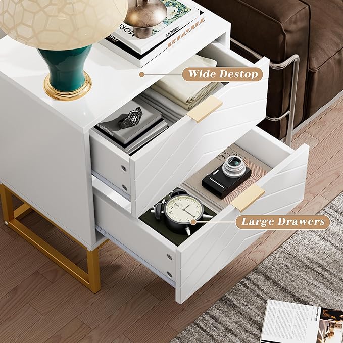 Anbuy Morden 9 Drawer Dresser and Nightstand Sets for Bedroom, Night Stand Set of 2 & 9 Drawer Dresser with Gold Handles, Morden Wood Chest of Drawers Storage Cabinet Set, White