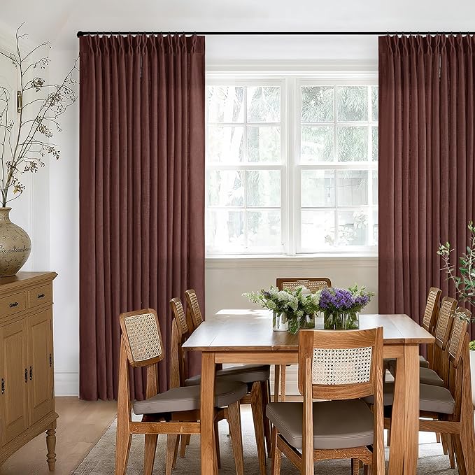 Chestnut Brown 84 Inch Pinch Pleated Linen Curtains 2 Panel Set for Living Room Thick Linen Textured Drapes 84 Inches Long Pinch Pleat Drapes Semi Sheer Curtain for Dining Bedroom Office Rust Maroon