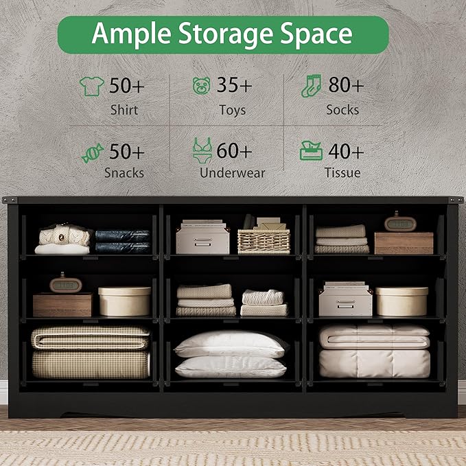 Dresser for Bedroom with 9 Drawers, 63" Wide Wood Chest of Drawers with Deep Drawers & Mental Handle, Modern Dresser TV Stand, Wooden Closet Storage Organizer for Living Room, Hallway, Entryway, Black