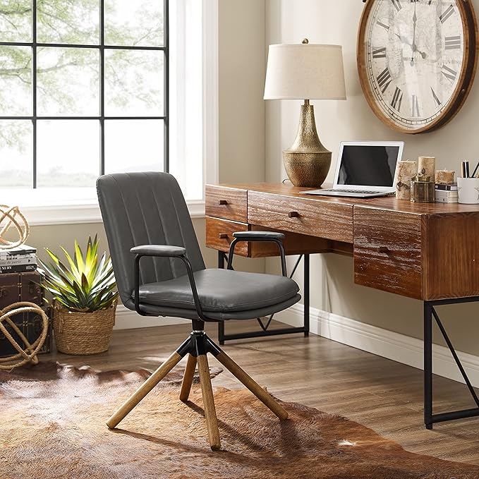 Art Leon Mid Century Modern Chair, Oak Legs Swivel Accent Chair No Wheels, Faux Leather Armchair for Small Spaces Home Office Living Room Bedroom, Gray