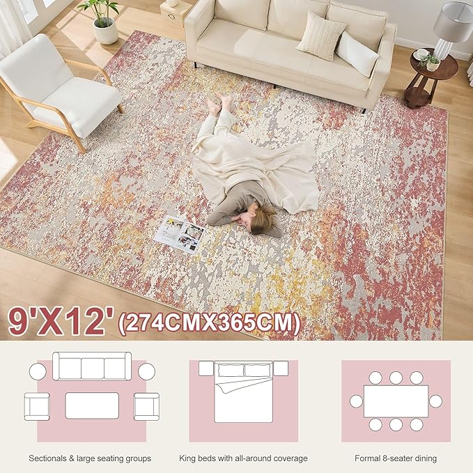Area Rug Living Room Rugs - 9x12 Washable Large Soft Indoor Neutral Modern Abstract Low Pile Rug Carpet for Bedroom Dining Room Farmhouse Home Office - Colorful