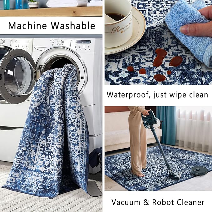 vivorug Runner Rug 2x10 Machine Washable Rug with Non-Slip Backing, Ideal for Kitchen Hallway Entryway Laundry Room - Vintage, Durable, Easy Clean, Low Pile Carpet Runner, Navy Blue