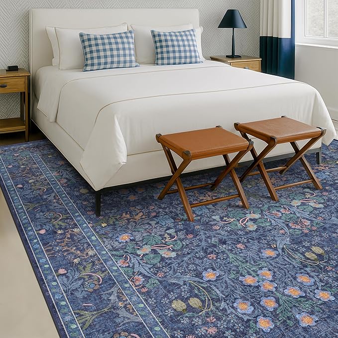 Dark Blue Living Room Rug 8x10, Vintage Floral Washable Area Rugs for Bedroom, Dining Room Under Kitchen Table, Oriental Low Pile Stain Resistant Non-Slip Large Navy Decor