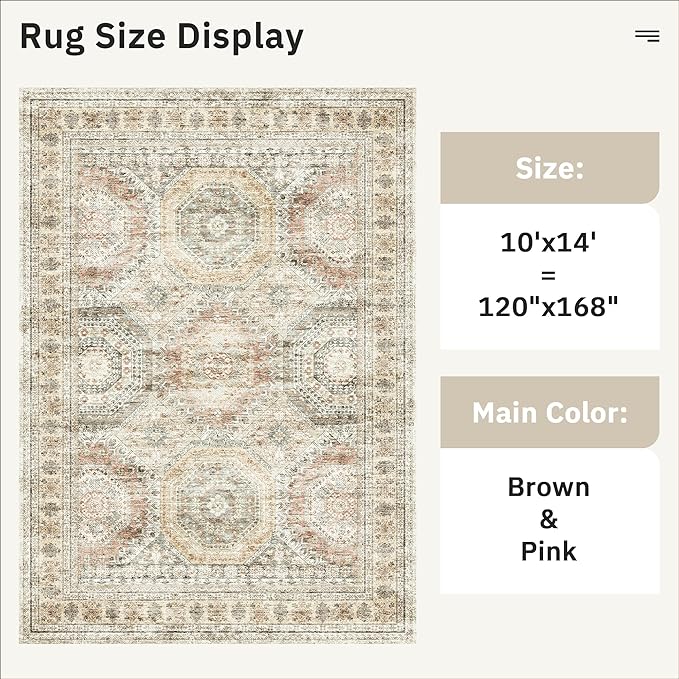 10x14 Area Rugs for Living Room, Non Slip Machine Washable Vintage Rugs, Low Pile Lightweight Large Rug for Bedroom, Dining Room, Home Office Brown Pink