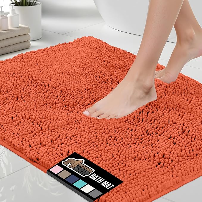 GORILLA GRIP Bath Rug Mat, Thick Soft Absorbent Chenille, Quick Dry Microfiber Mats, Rubber Backing Washable Shower Floor Rugs, Bathmat Runner, US Designed Bathroom Home Decor Accessories 24x17, Coral