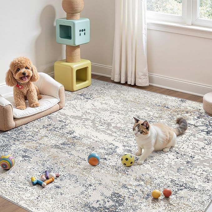 Square Area Rug Living Room Rugs - 8x8 Washable Large Soft Indoor Neutral Modern Abstract Low Pile Rug Carpet for Bedroom Dining Room Farmhouse Home Office - Beige Blue