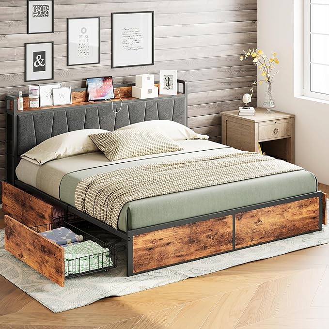 LIKIMIO King Bed Frame with 4 Storage Drawers, Platform Bed with Charged Headboard, Sturdy and Stable, No Noise, No Box Spring Needed, Easy to Install, Vintage Brown and Gray