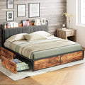 LIKIMIO King Bed Frame with 4 Storage Drawers, Platform Bed with Charged Headboard, Sturdy and Stable, No Noise, No Box Spring Needed, Easy to Install, Vintage Brown and Gray