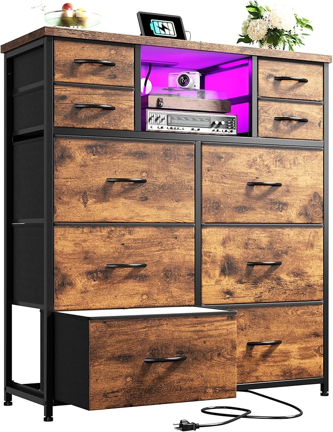 Dresser for Bedroom with 10 Drawers Featuring LED Light and Power Outlet, Fabric Dressers & Chest of Drawers with Open Shelves for Hallway, Living Room, Steel Frame,Wood Top, Rustic Brown
