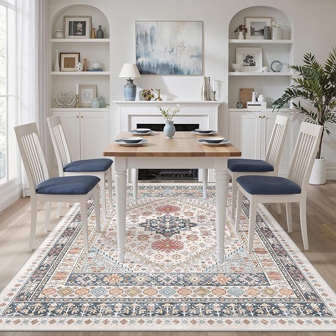 zesthome 7x9 Area Rugs for Living Room,Non-Slip Backing Washable Rugs,Vintage Large Area Rug，Stain Resistant Home Decor Rug (Multi,7'x9')