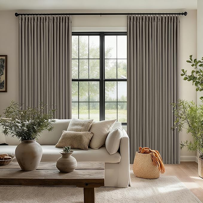 Desert Taupe Pinch Pleated Blackout Curtains 108 Inches Long for Bedroom 100% Black Out Thick Linen Dual Layer Pleated Drapes Farmhouse Country Brownish Gray 108 Inch Curtain for Dining Living Room