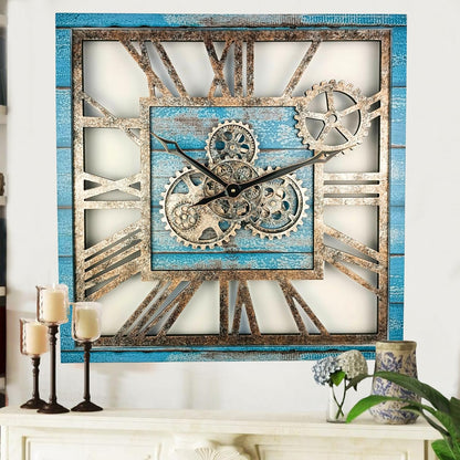 The Gears Clock 24'' Inch Square Real Moving Gear Wall Clock Vintage Industrial Oversized Rustic Farmhouse (Ocean Blue)