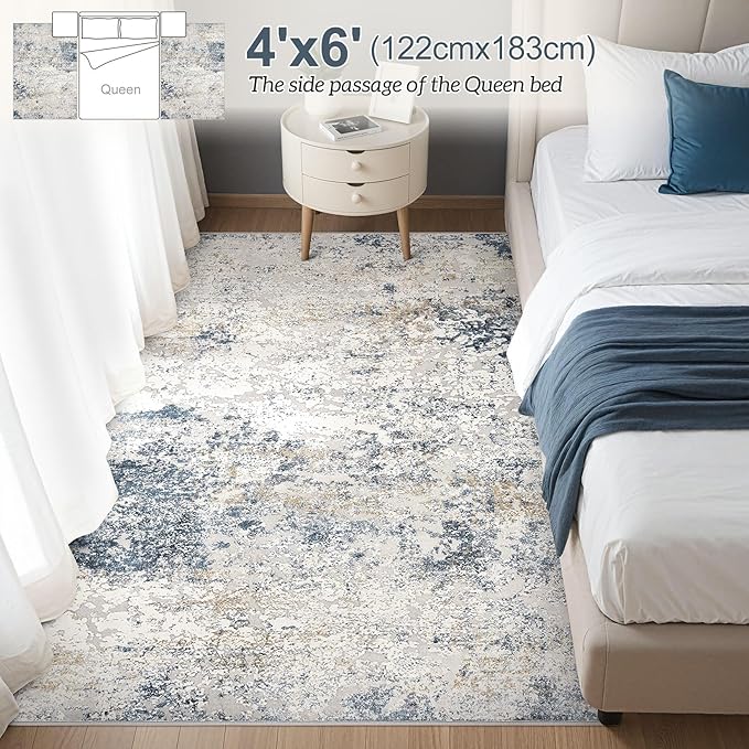 Area Rug Living Room Rugs - 4x6 Abstract Large Soft Indoor Washable Rug Neutral Modern Low Pile Carpet for Bedroom Dining Room Farmhouse Home Office - Beige Blue