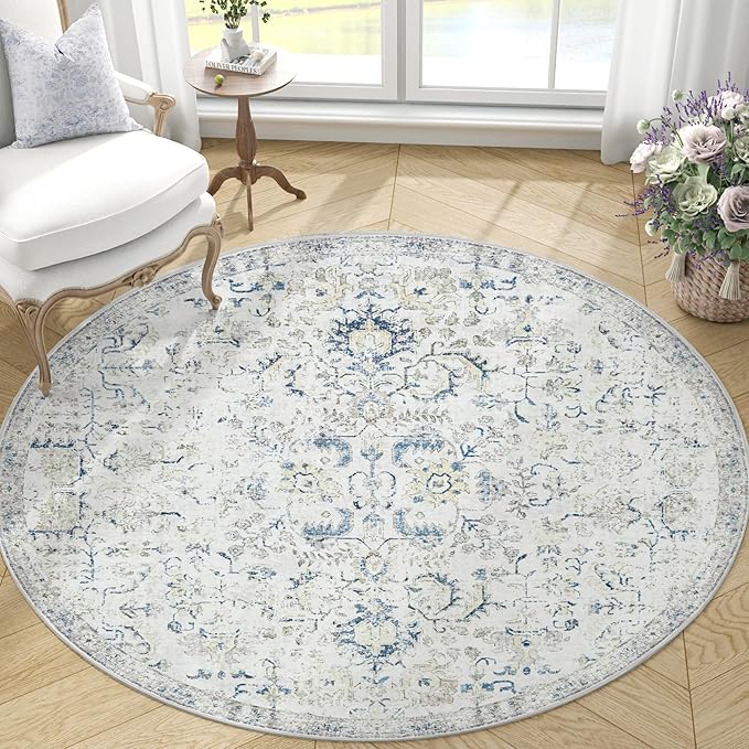 jinchan Kalen Round Rug 5ft Area Rug Washable Vintage Indoor Retro Accent Entryway Floor Cover Distressed Floral 5' Round Circle Boho Non Slip Thin Carpet for Bedroom Living Room Dining Room Blue
