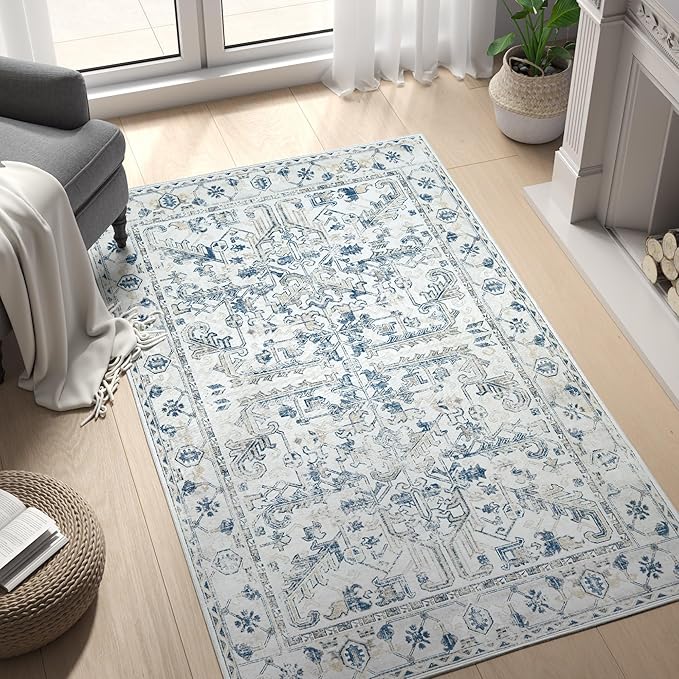 jinchan Lima Washable Area Rug 3x5 Entryway Rug - Distressed Vintage Floral Ultra-Thin Low-Pile Soft Non-Shedding Indoor Floor Carpet for Kitchen Bedroom Entrance Laundry Living Room (3x5ft, Blue)