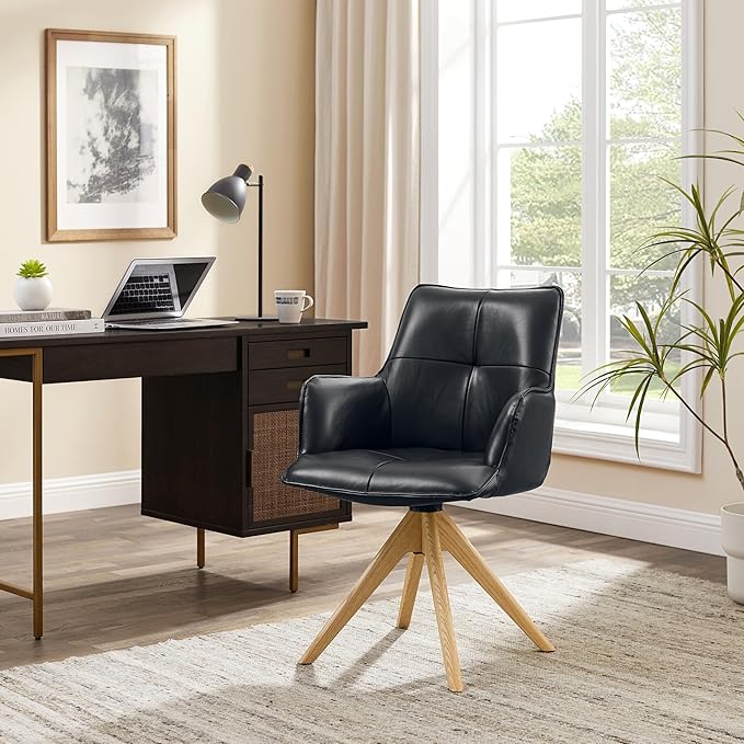 Art Leon Desk Chair Without Wheels - Mid Century Modern Swivel Office Chair, Genuine Leather Upholstered Accent Chair with Oak Wood Legs for Small Space Living Room Bedroom, Set of 2, Black Blue